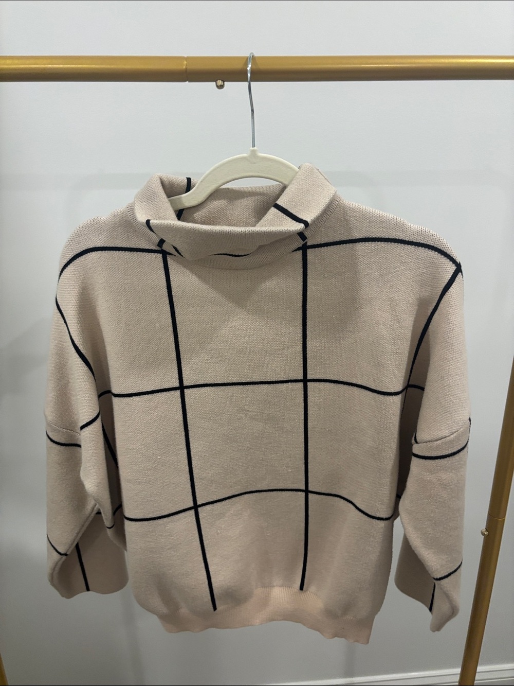 Chicwish Cream Turtleneck Sweater with Black Windowpane